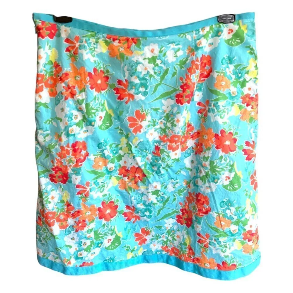 L.L. Bean Favorite Fit Straight Skirt Bright Aqua Floral Summery Size 12